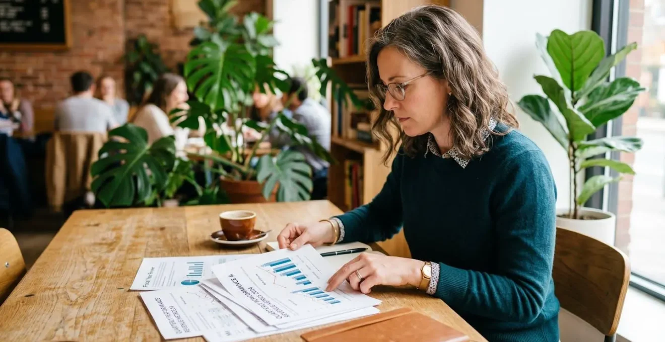 Une personne dans un espace de travail lumineux analyse des documents financiers sur une table en bois, avec une tasse de café à proximité