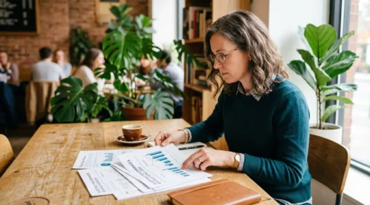 Une personne dans un espace de travail lumineux analyse des documents financiers sur une table en bois, avec une tasse de café à proximité