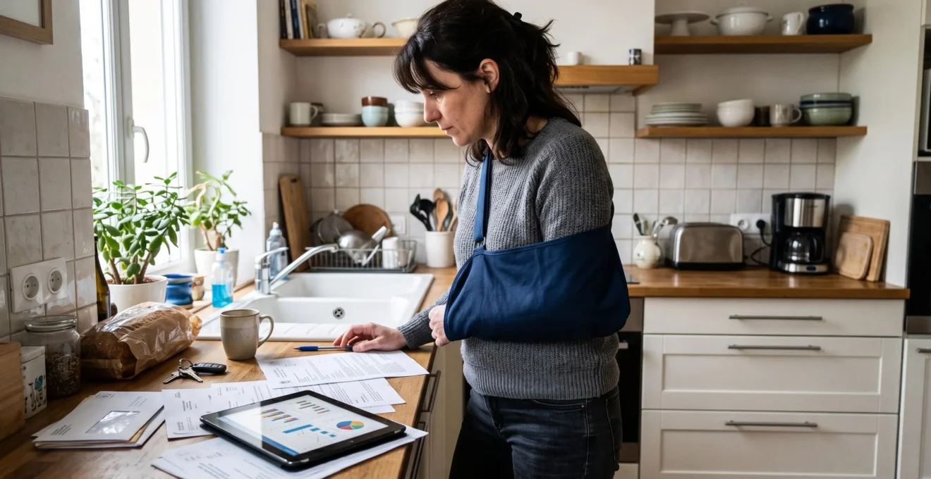 Une femme dans la quarantaine, le bras en écharpe médicale, organise des documents administratifs et financiers sur le plan de travail de sa cuisine, lumière naturelle du matin.