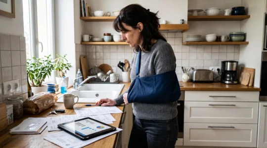 Une femme dans la quarantaine, le bras en écharpe médicale, organise des documents administratifs et financiers sur le plan de travail de sa cuisine, lumière naturelle du matin.