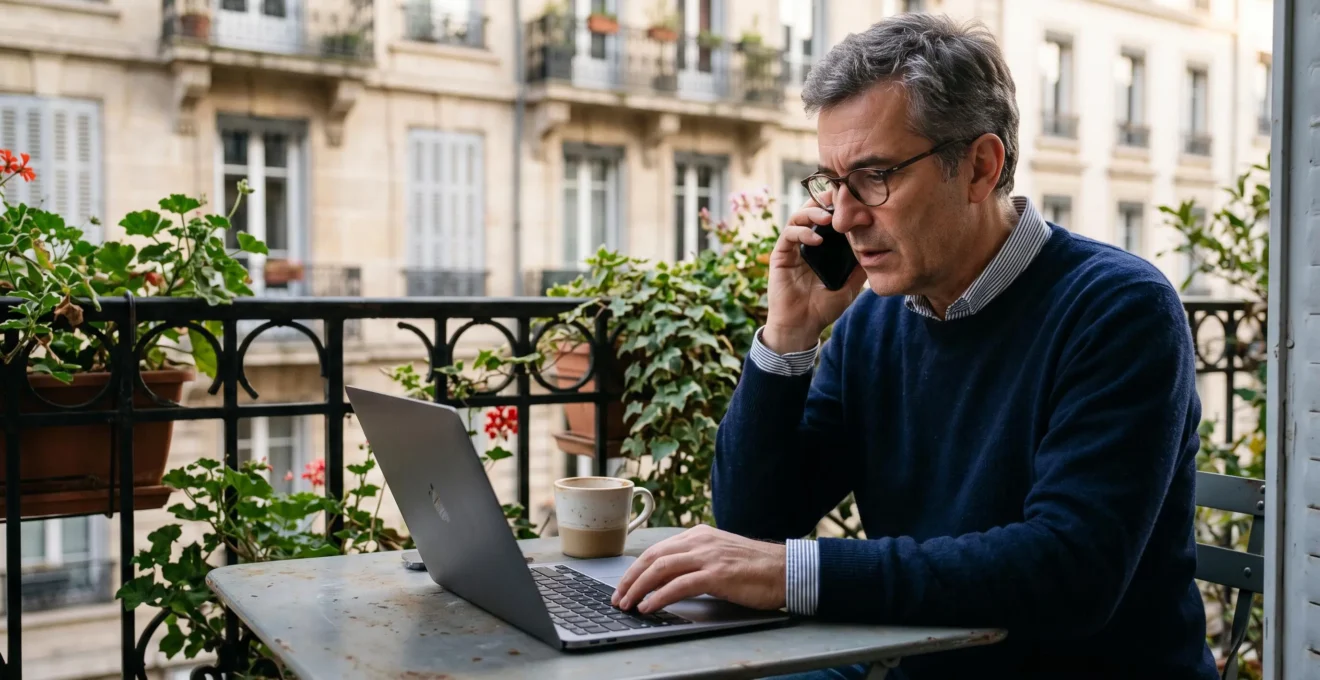 Gros plan sur des mains remplissant un formulaire administratif avec un stylo, sur une table en bois avec d'autres documents financiers en arrière-plan.